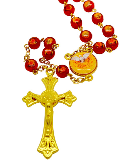 Red Enamel Holy Spirit and Roses Confirmation Rosary