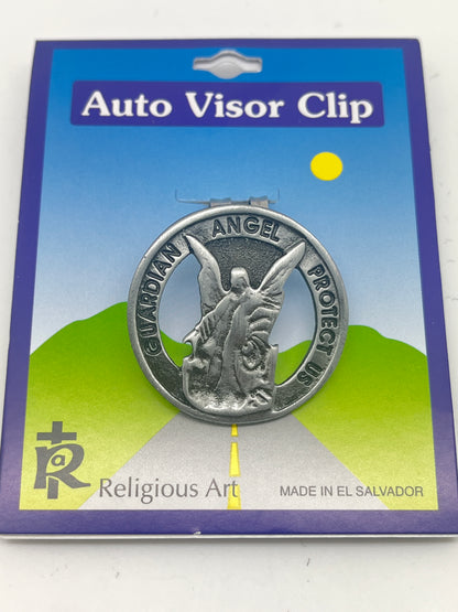 Guardian Angel Round Pewter Auto Visor Clip