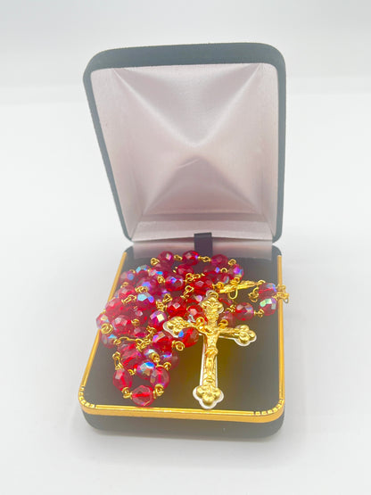 Red Crystal and Gold Plate Rosary