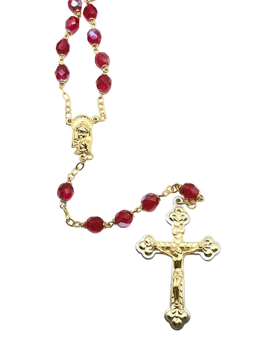 Red Crystal and Gold Plate Rosary