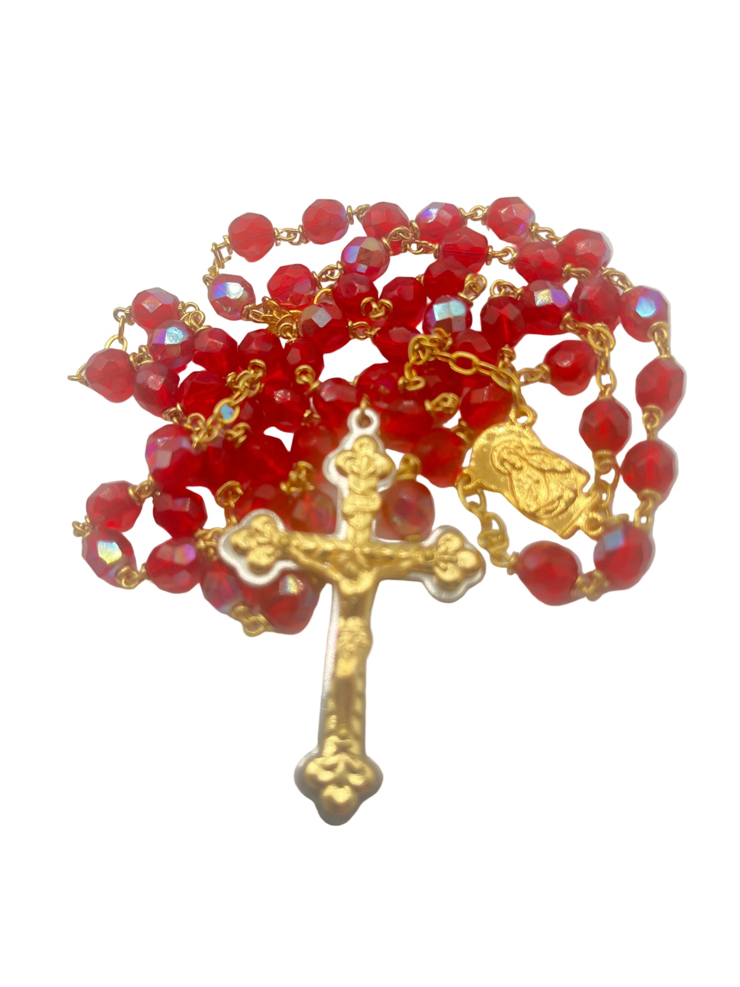 Red Crystal and Gold Plate Rosary
