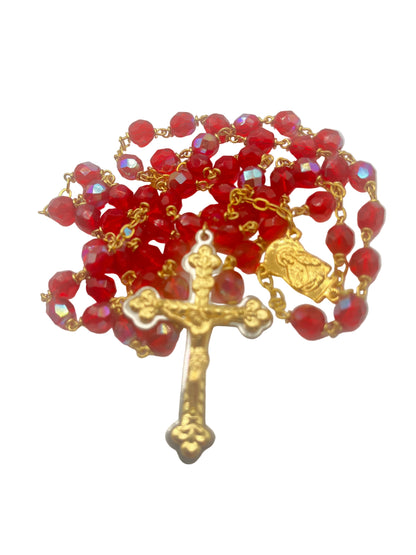 Red Crystal and Gold Plate Rosary