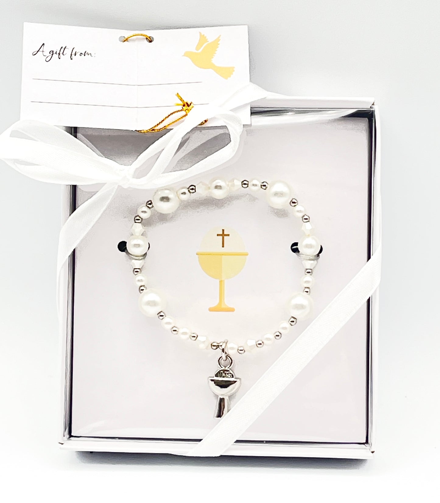 White Pearl and Crystal First Communion Bracelet with Silver Chalice Charm