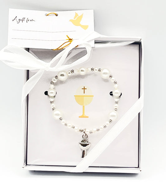 White Pearl First Communion Bracelet with Silver Chalice Charm