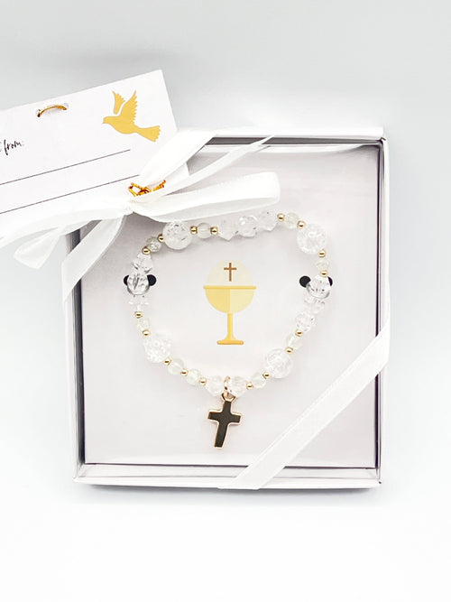 Crystal First Communion Bracelet with Gold Cross