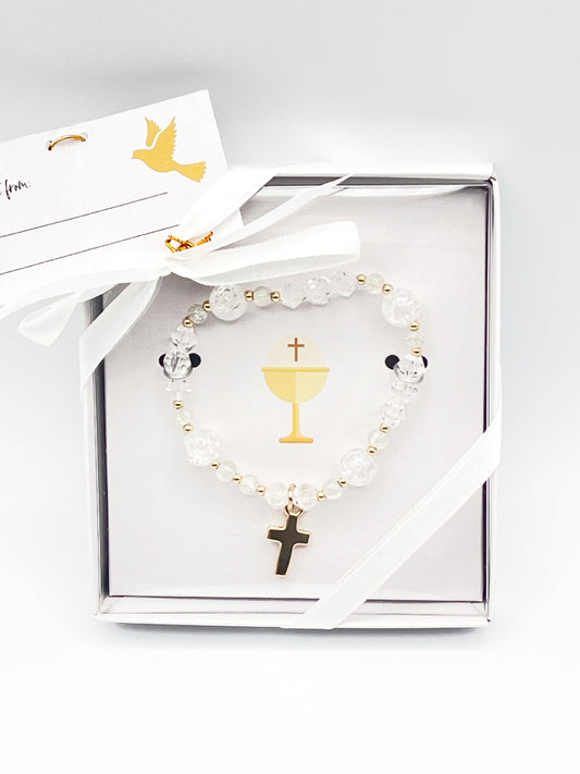 Crystal First Communion Bracelet with Gold Cross
