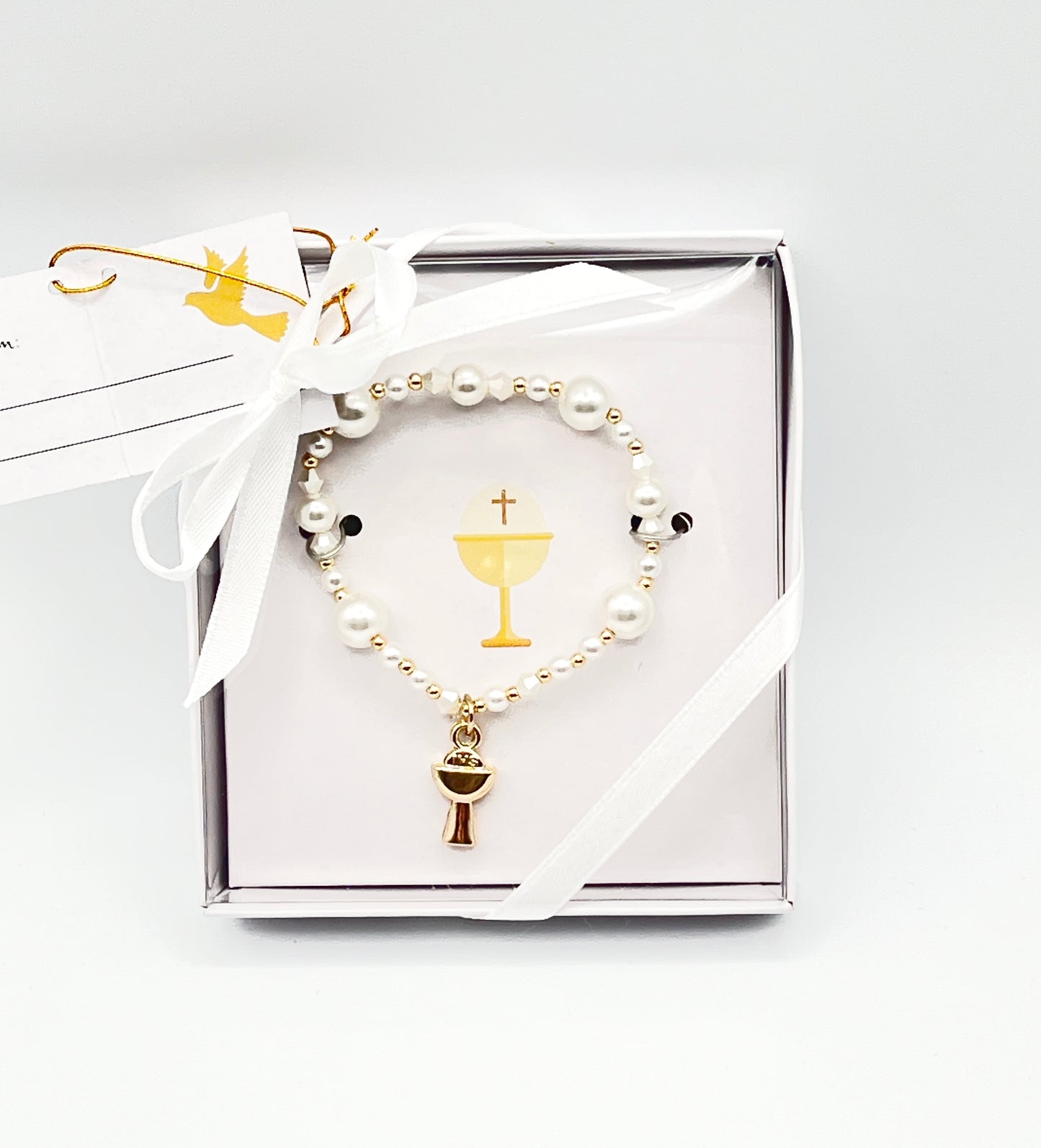 White Pearl First Communion Bracelet with Gold Chalice Charm