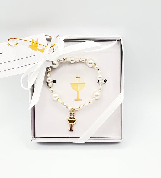 White Pearl First Communion Bracelet with Gold Chalice Charm