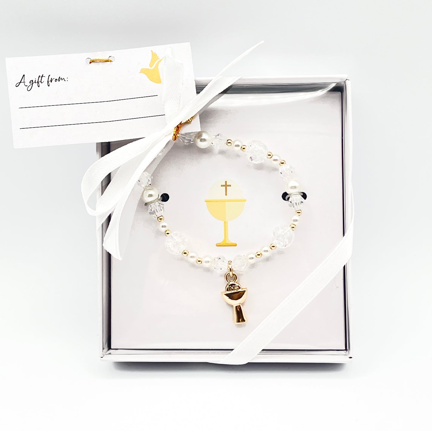 White Pearl and Crystal First Communion Bracelet with Gold Chalice Charm