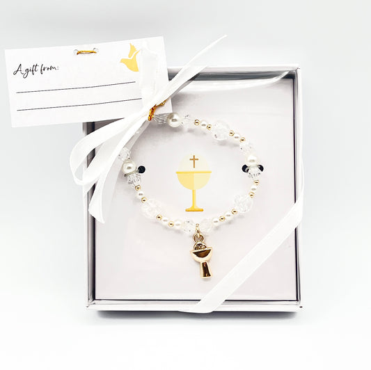 White Pearl and Crystal First Communion Bracelet with Gold Chalice Charm