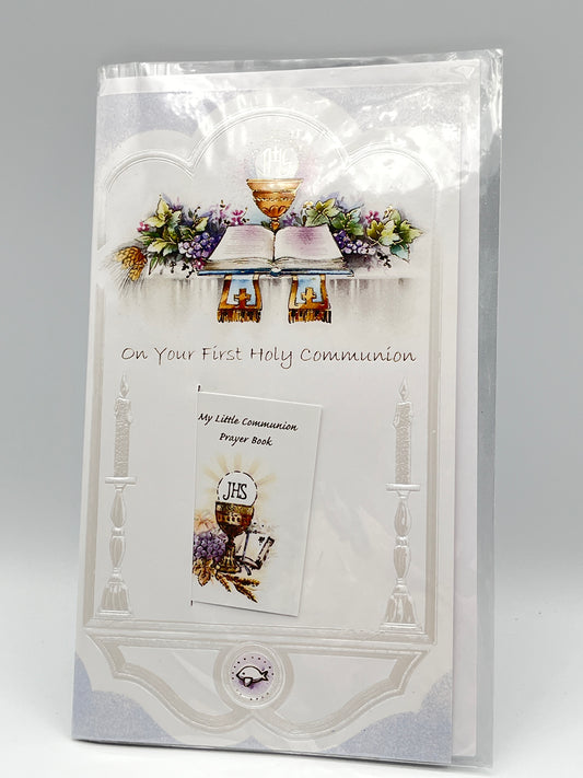 On your First Holy  Communion Greeting Card with Prayer Book