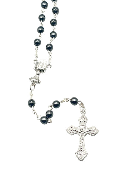 First Communion Hematite  Rosary with Chalice Centerpiece 6mm