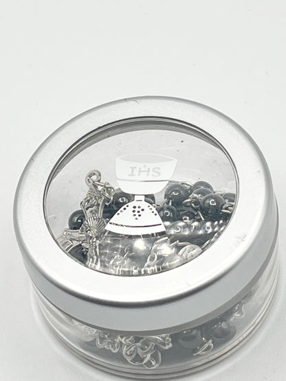 First Communion Hematite  Rosary with Chalice Centerpiece 6mm