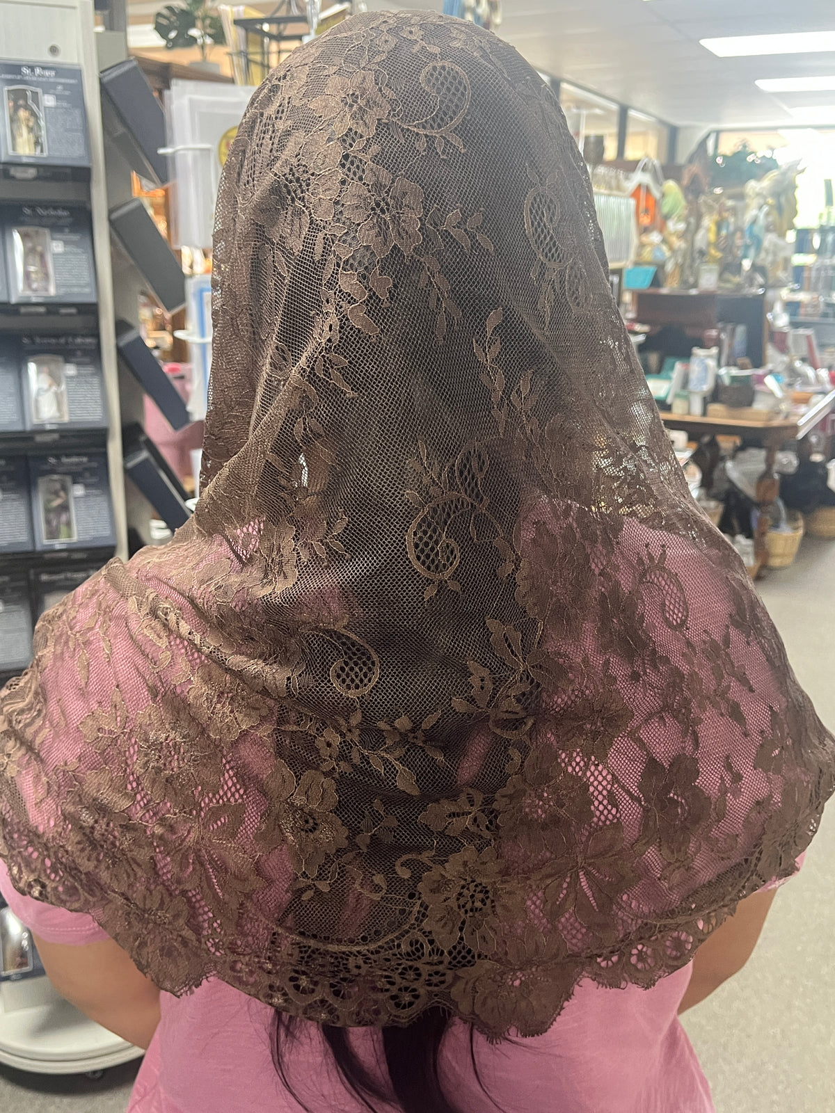 Brown Lace Infinity Chapel Spanish Veil 31" x 36"