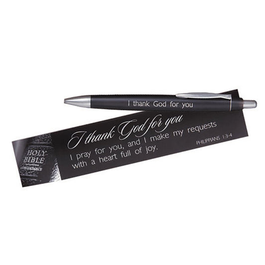 I Thank God For You Appreciation Pen with silver accents and matching scripture prayer card featuring Philippians 1:3-4