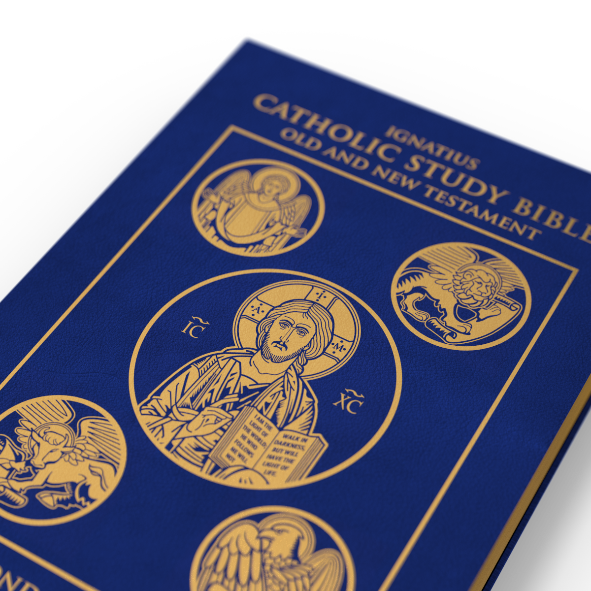 Ignatius Catholic Study Bible Old and New Testament in blue leather with gold religious icon illustrations on the cover