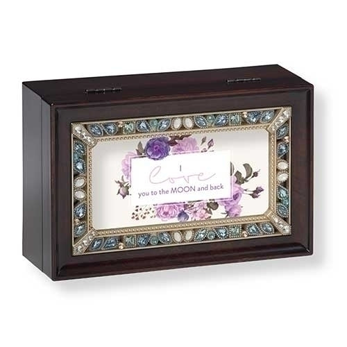 I Love You to the Moon and Back Keepsake Music Box with floral design and decorative gemstone border