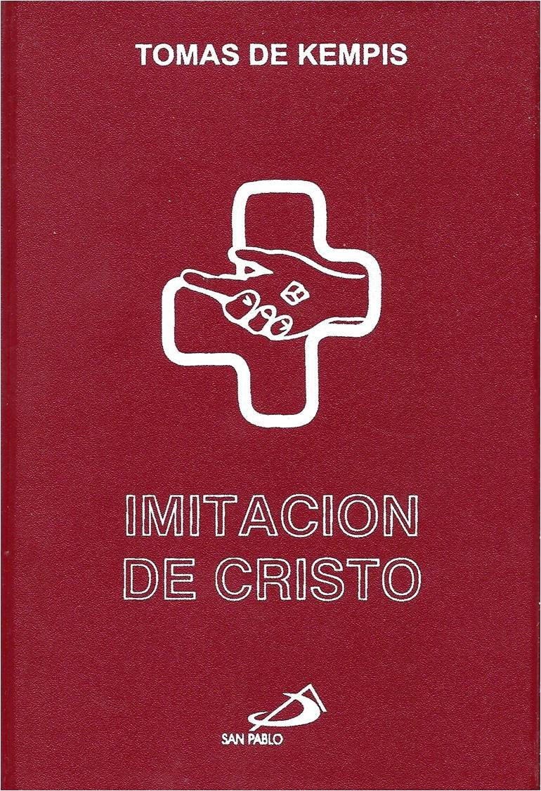 Red rustic cover of Imitación de Cristo by Tomas de Kempis with white cross and hand illustration in Spanish edition
