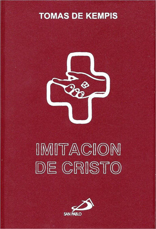 Red rustic cover of Imitación de Cristo by Tomas de Kempis with white cross and hand illustration in Spanish edition
