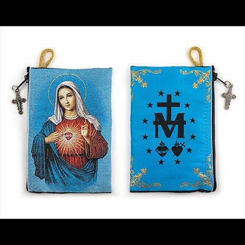 4" x 6" woven tapestry rosary pouch with Immaculate Heart of Mary image, Miraculous Medal symbols, and zipper closure
