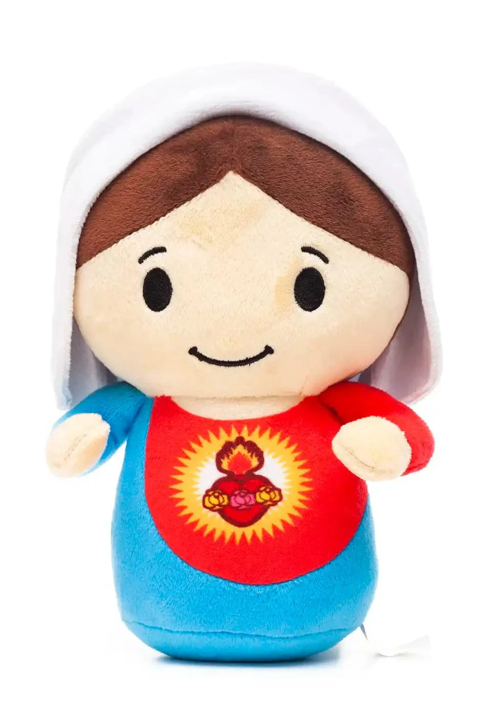 9" plush doll of the Immaculate Heart of Mary with red and blue outfit and white veil on white background