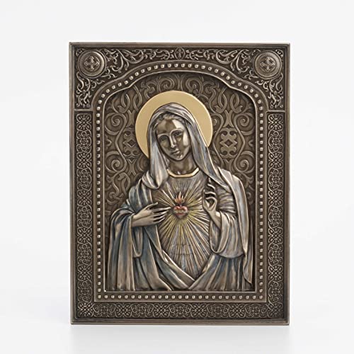 7 1/2" bronze Immaculate Heart of Mary wall plaque with detailed halo and ornate floral border design