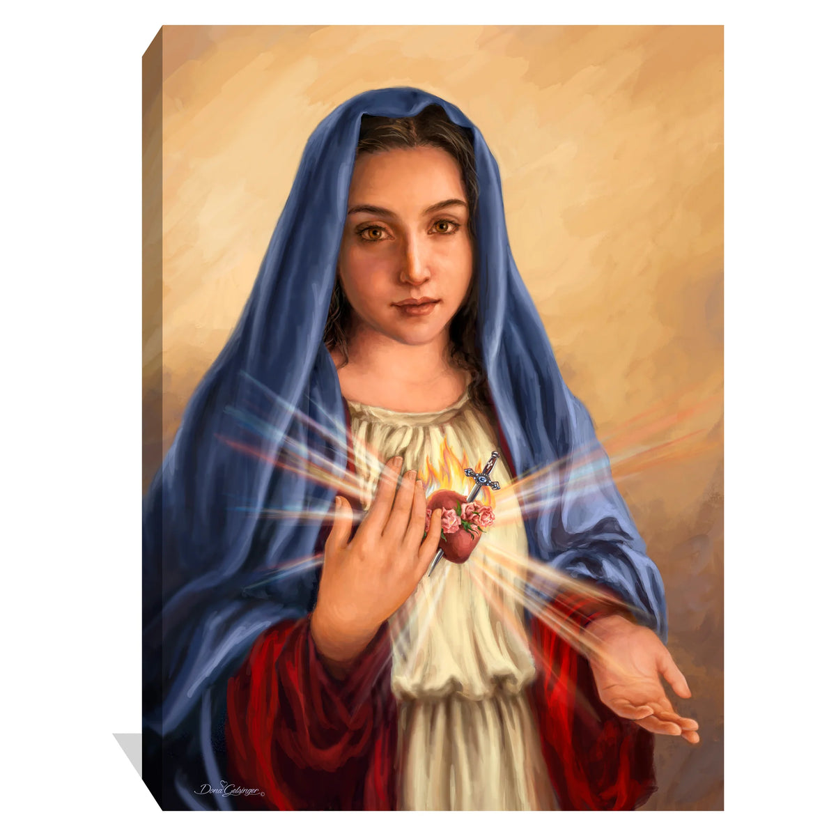 Immaculate Heart of Mary canvas wall art, 24x36 inches, featuring radiant heart and gentle gaze in warm tones