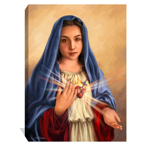 Immaculate Heart of Mary canvas wall art, 24x36 inches, featuring radiant heart and gentle gaze in warm tones