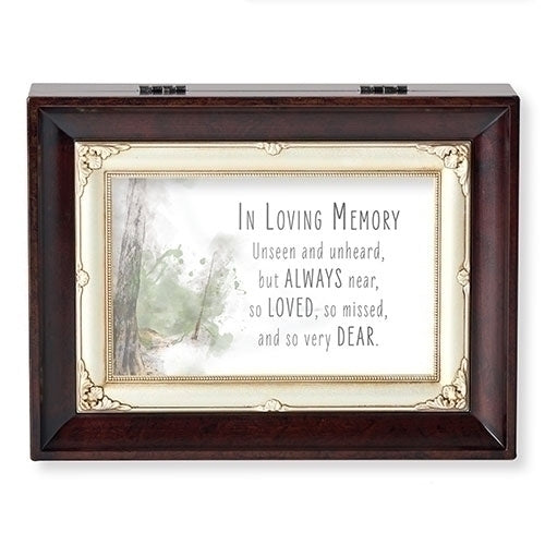 In Loving Memory Keepsake Music Box with wood finish and framed sentimental poem, plays Amazing Grace hymn, 8 inches