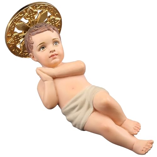 3 7/8" Advent Infant Jesus figurine with radiant gold halo, hand-painted resin, detailed vibrant colors, and intricate craftsmanship