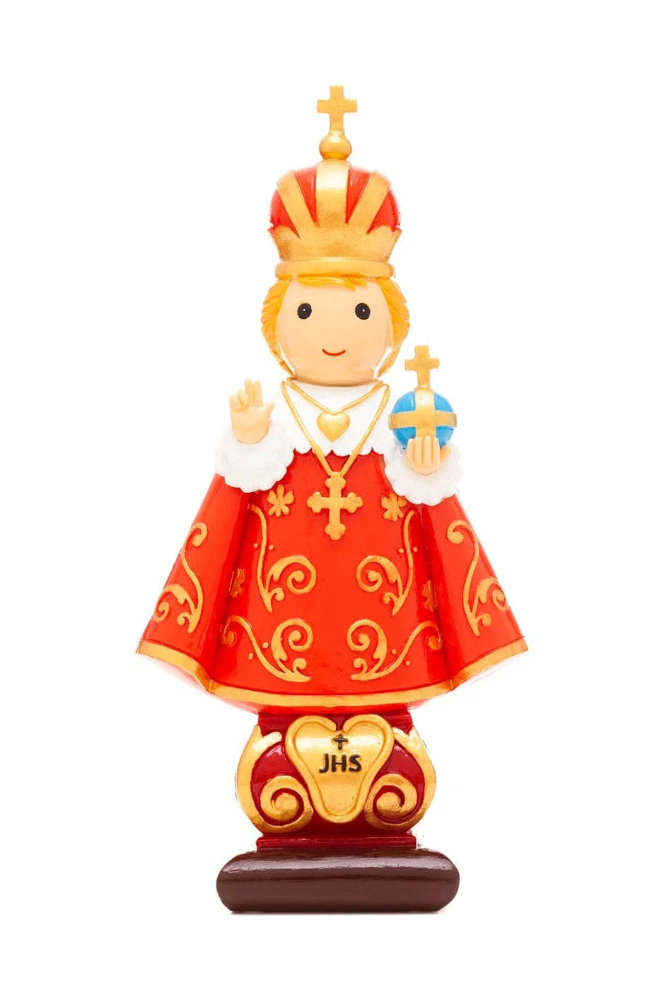 3.5" Infant of Prague figurine dressed in red and gold robe with crown holding blue orb and cross necklace