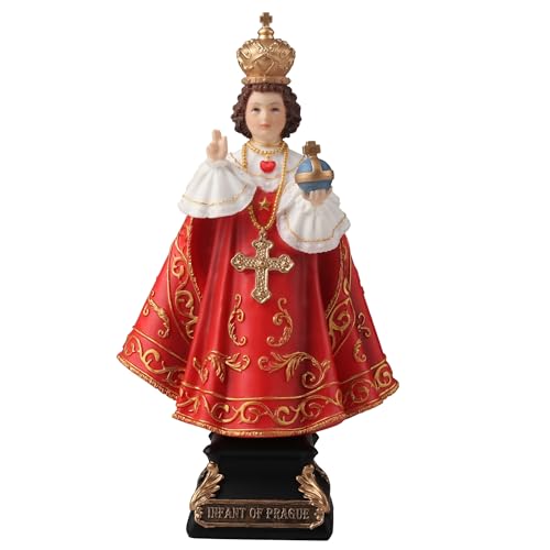 6 3/8" hand-painted Infant of Prague statue in polyresin with detailed red robes and gold crown on black base