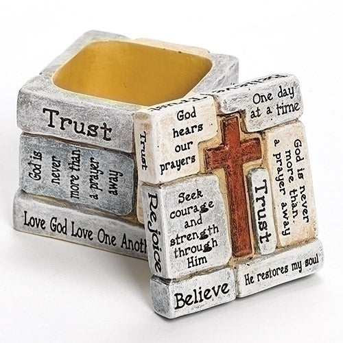 2 1/4" stone resin keepsake box with Christian inscriptions and cross, featuring inspirational words on all sides