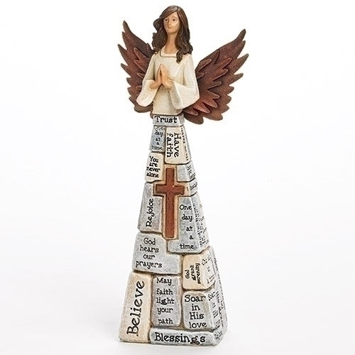 10.5" angel statue with brown wings, praying hands, and inspirational faith words including cross and blessings design