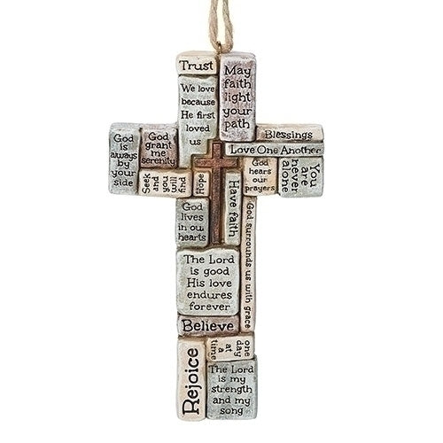 Cross ornament with faith-inspired words arranged in crossword style, featuring uplifting Bible verses and blessings, 4.25 inches tall.