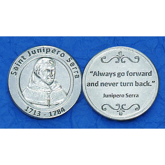 Italian silver toned St Junipero Serra pocket token coin featuring saint portrait and inspirational quote design
