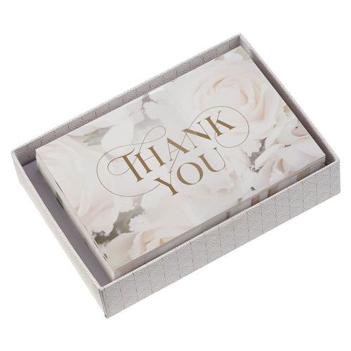 Ivory Rose Wedding Thank You Note Card Set with soft white rose background and elegant gold foil lettering in patterned box