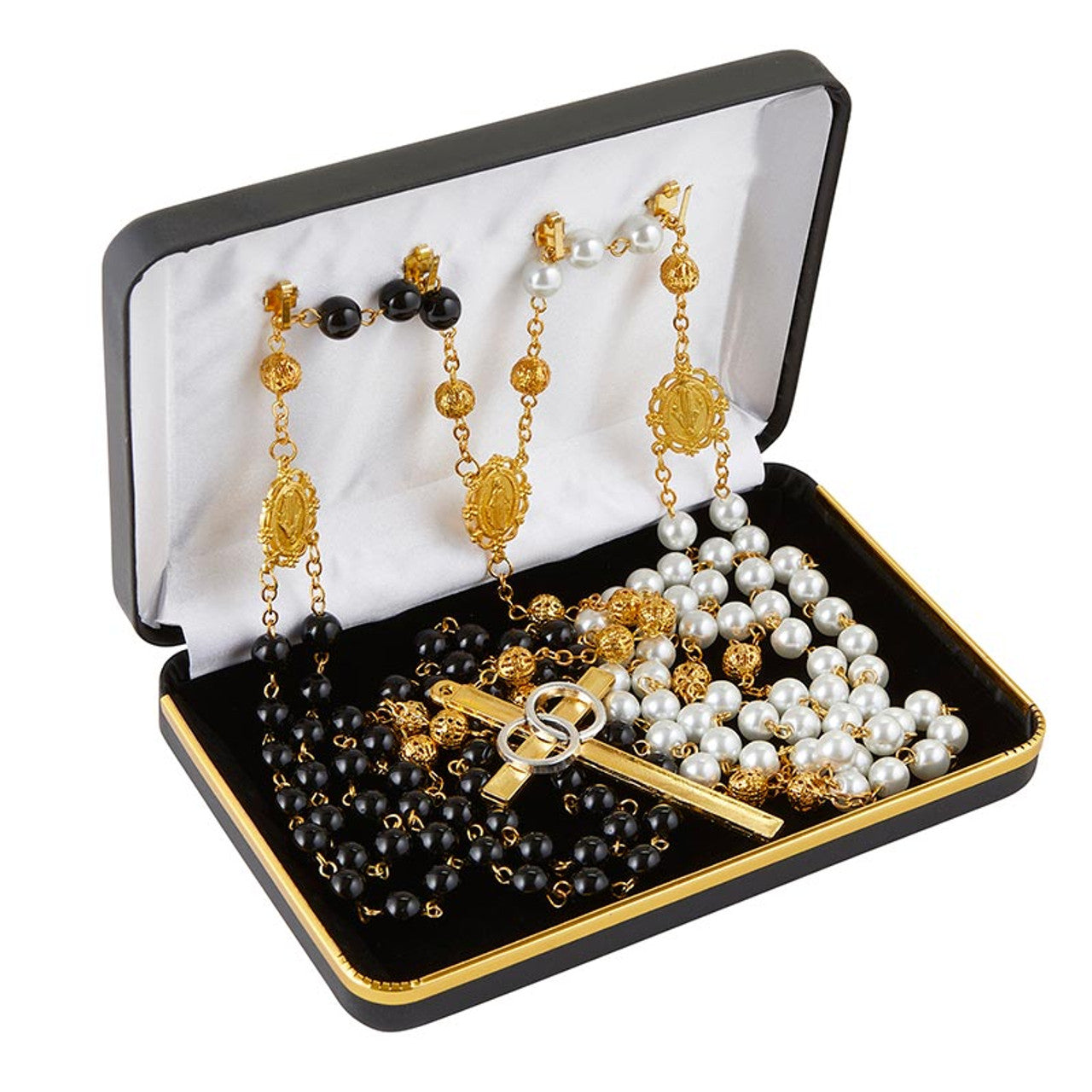 10mm gold-tone faux pearl lasso rosary with black beads, detailed religious medallions and gold cross in gift box