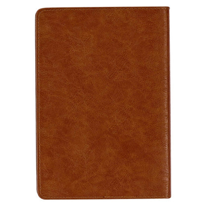 Two-tone brown faux leather classic journal with smooth texture and stitched edges, featuring 1 Corinthians 16:13 verse inside
