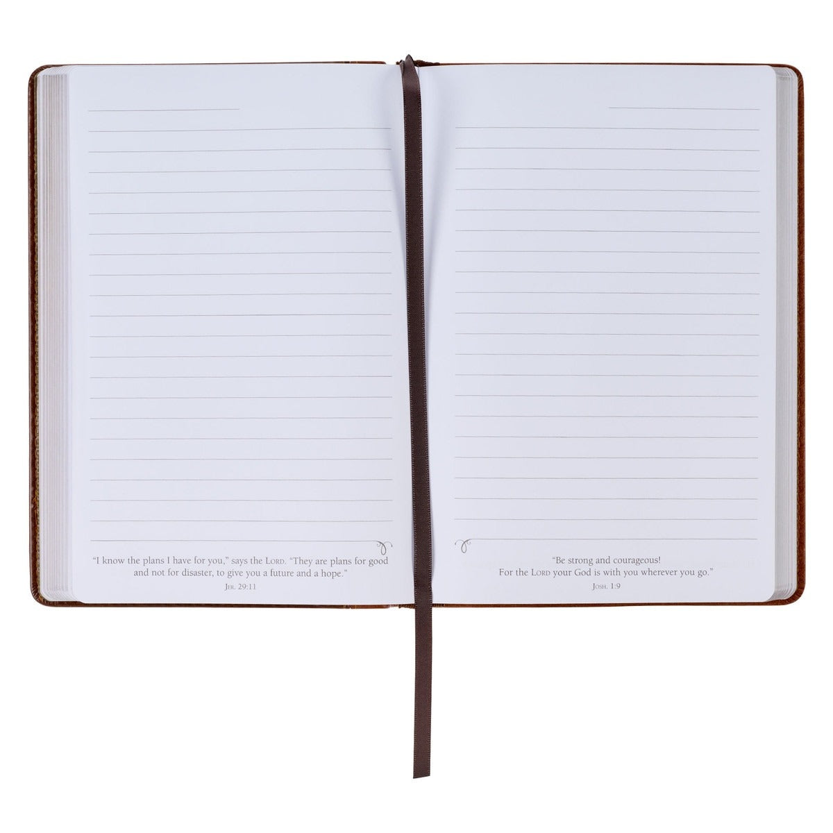 Open lined journal with two-tone brown faux leather cover, scripture verses from Jeremiah 29:11 and Joshua 1:9, and brown ribbon bookmark