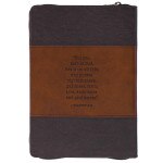 Man of God faux leather journal in honey-brown and espresso with zipper, embossed 1 Timothy 6:11 text on cover