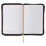 Man of God honey-brown and espresso faux leather journal open to lined pages with zipper closure and 1 Timothy 6:11 text