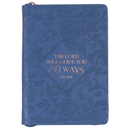 Blue faux leather classic journal with zipper closure, floral embossed design, and Isaiah 58:11 scripture on cover