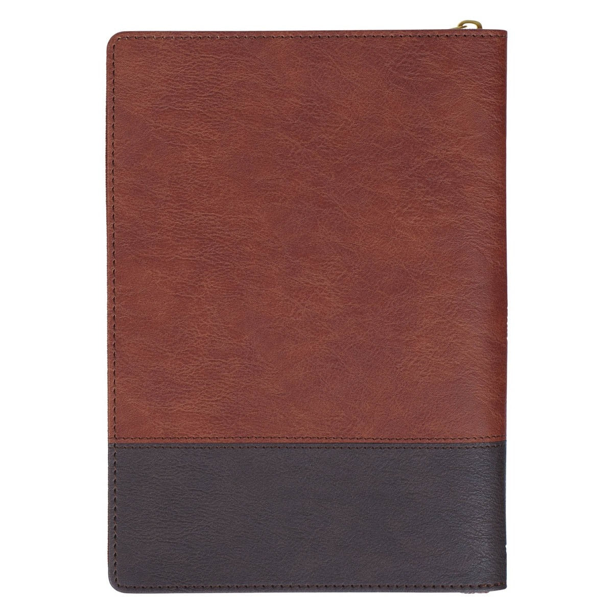 Two-tone brown faux leather journal with zipper closure and smooth stitched edges for writing and reflection
