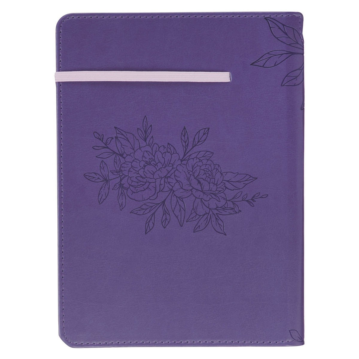 Purple faux leather classic journal with floral embossing and pink elastic pen holder, Proverbs 31:29 design