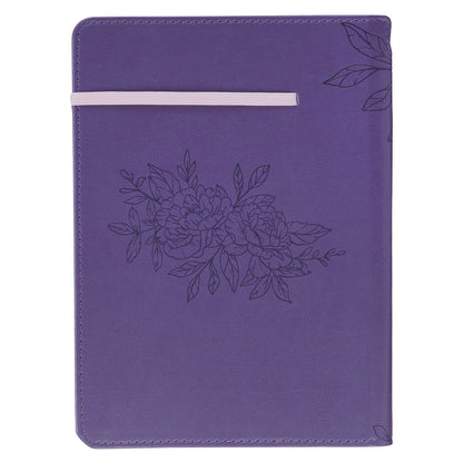 Purple faux leather classic journal with floral embossing and pink elastic pen holder, Proverbs 31:29 design