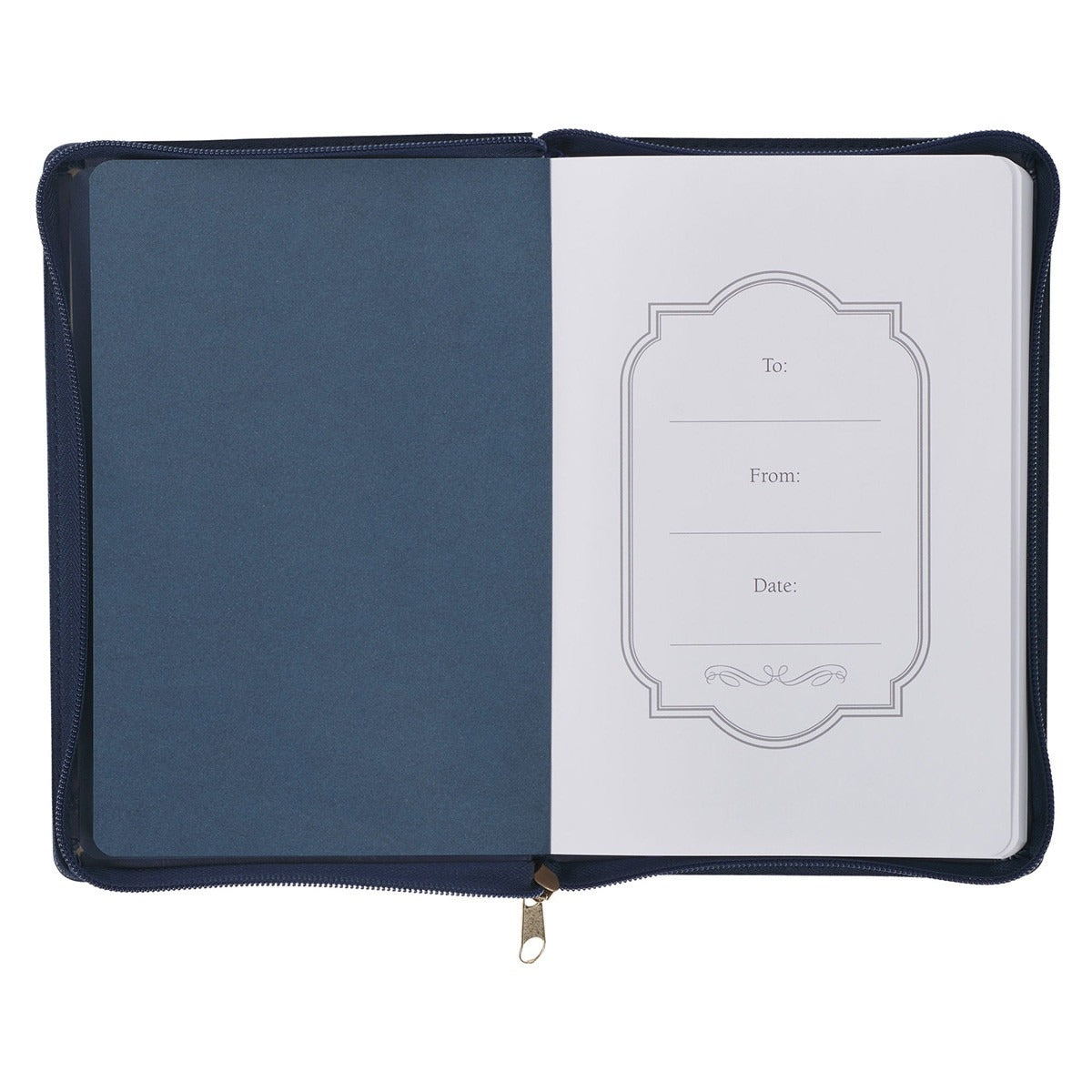 Open Strong and Courageous Lux-Leather Journal in blue with zipper and personalized gift page inside
