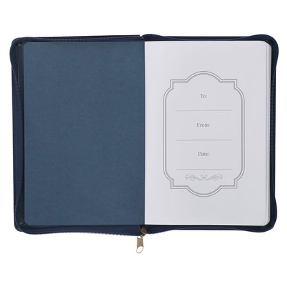 Open Strong and Courageous Lux-Leather Journal in blue with zipper and personalized gift page inside