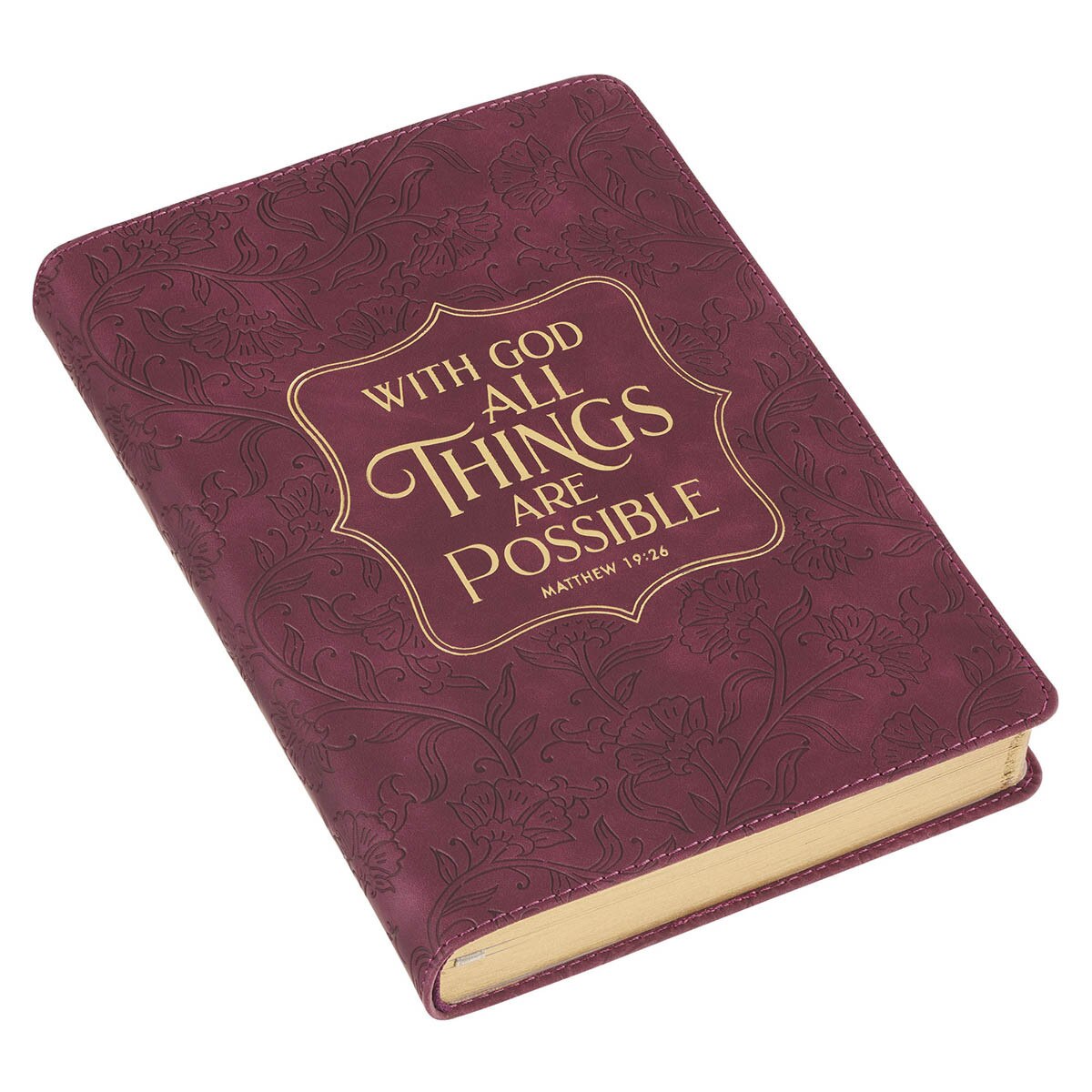 Burgundy faux leather classic journal with embossed floral design and gold foil "With God All Things Are Possible" text