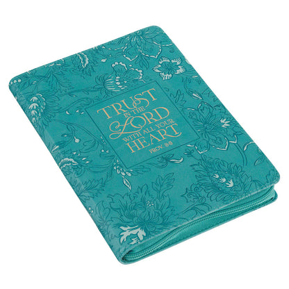 Teal faux leather journal with floral design and gold “Trust in the Lord with all your heart” Proverbs 3:5-8 text on cover